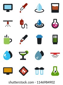 Color and black flat icon set - hot cup vector, water drop, dropper, flammable, monitor, drink, cocktail, filter, sprinkler, flask