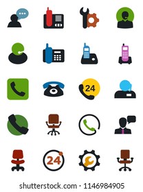 Color and black flat icon set - 24 around vector, office chair, phone, hours, support, speaker, radio, call, root setup