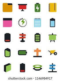 Color and black flat icon set - notepad vector, presentation board, wheelbarrow, signpost, battery, low, folder, charge, blank box, plates, guidepost