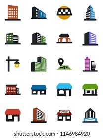 Color and black flat icon set - taxi vector, shop, office building, garden light, navigation, store, city house, cafe, storefront