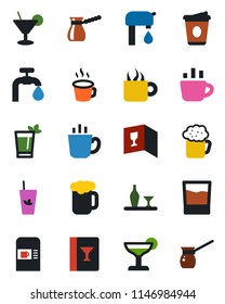 Color and black flat icon set - coffee machine vector, water supply, alcohol, wine card, drink, cocktail, phyto bar, beer, turkish