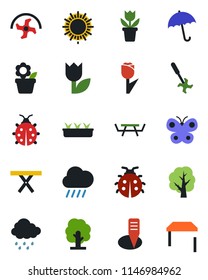 Color and black flat icon set - umbrella vector, sun, flower in pot, ripper, tree, butterfly, lady bug, seedling, rain, plant label, picnic table, tulip