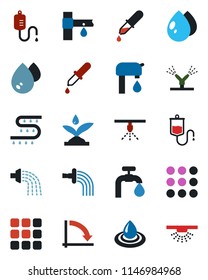 Color and black flat icon set - crisis graph vector, watering, water drop, drip irrigation, dropper, menu, supply, sprinkler