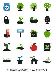 Color and black flat icon set - flower in pot vector, seedling, tree, sproute, plant label, fertilizer, fruit, salad, apple, eco house, palm
