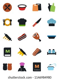 Color and black flat icon set - cook vector, cafe, hat, menu, bacon, salt and pepper, ham, bowl, rolling pin, cutting board, knife, steaming pan