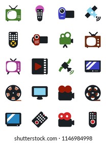 Color and black flat icon set - reel vector, satellite, tv, video camera, remote control, monitor