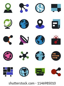 Color and black flat icon set - satellite antenna vector, bomb in case, globe, earth, pin, consolidated cargo, network, share, news, social media