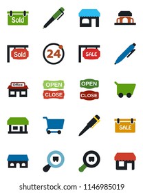 Color and black flat icon set - 24 around vector, shop, pen, store, search cargo, sale, sold signboard, cafe building, open close, cart, storefront