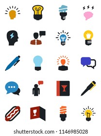 Color and black flat icon set - speaking man vector, pen, brainstorm, bulb, dialog, wine card, hot dog, energy saving, shining head, idea