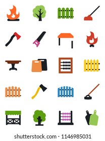 Color and black flat icon set - fence vector, tree, saw, fire, hoe, axe, abacus, table, alcove, cutting board