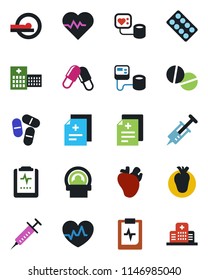 Color and black flat icon set - heart pulse vector, diagnosis, syringe, blood pressure, pills, blister, tomography, real, clipboard, hospital