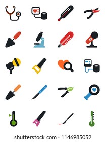 Color and black flat icon set - trowel vector, pruner, saw, stethoscope, blood pressure, thermometer, heart diagnostic, microscope, scalpel, microphone