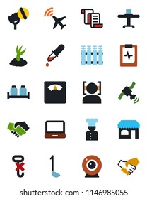 Color and black flat icon set - plane radar vector, shop, contract, sproute, dropper, scales, pulse clipboard, no hook, microphone, satellite, laptop pc, face id, cook, restaurant table, ladle