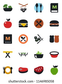 Color and black flat icon set - spoon and fork vector, picnic table, cafe, menu, salad, salt pepper, steak, hamburger, bowl, sushi, apple fruit