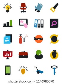 Color and black flat icon set - plane vector, mobile phone, document search, glove, saw, lawn mower, garden sprayer, diagnosis, real heart, support, update, case, bar graph, paper binder, idea, tie