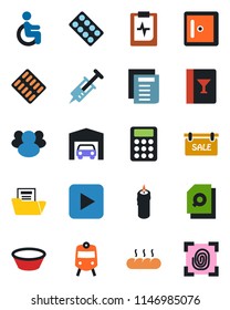 Color and black flat icon set - train vector, checkroom, document, syringe, pills blister, disabled, pulse clipboard, group, play button, folder, search, calculator, garage, sale, wine card, bread