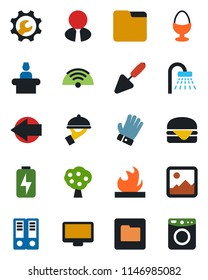 Color and black flat icon set - reception vector, shower, left arrow, office binder, trowel, glove, flammable, monitor, gallery, folder, charge, root setup, fruit tree, estate agent, wireless