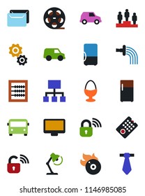 Color and black flat icon set - airport bus vector, pedestal, watering, reel, flame disk, monitor, abacus, desk lamp, mail, egg stand, wireless lock, remote control, fridge, gear, car, hierarchy