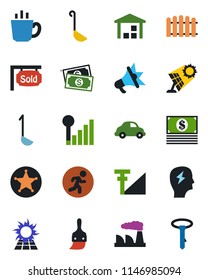 Color and black flat icon set - brainstorm vector, factory, fence, run, cash, car delivery, warehouse, themes, cellular signal, sold signboard, coffee, ladle, police, sun panel, advertising, tie