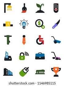 Color and black flat icon set - tie vector, sproute, lawn mower, garden knife, disabled, radio phone, rca, themes, case, stapler, office building, wireless lock, remote control, outdoor lamp, idea