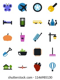 Color and black flat icon set - suitcase vector, airport bus, bed, plane, shovel, rake, butterfly, pumpkin, garden light, real heart, meeting, house with tree, key, drink, phyto bar, salad, chip