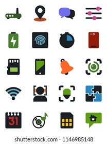 Color and black flat icon set - cell phone vector, back, message, tuning, stopwatch, bell, sd, sim, calendar, wireless, place tag, face id, eye, fingerprint, music, charge, application, router, home