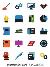 Color and black flat icon set - gear vector, hoe, copybook, monitor statistics, presentation board, pie graph, news, ink pen, office phone, manager desk, target, paper tray, archive box, handshake