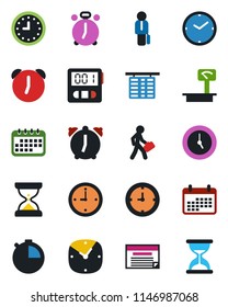 Color and black flat icon set - alarm clock vector, flight table, heavy scales, stopwatch, manager, calendar, schedule, sand