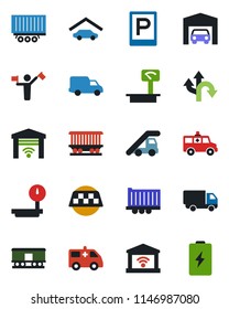 Color and black flat icon set - dispatcher vector, taxi, parking, ladder car, ambulance, route, railroad, truck trailer, delivery, heavy scales, garage, gate control, battery