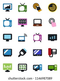 Color and black flat icon set - wireless notebook vector, radar, statistic monitor, pulse, tv, touch screen, laptop pc, hdmi, statistics, intercome