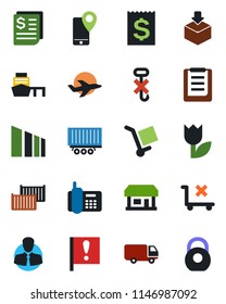 Color and black flat icon set - important flag vector, store, plane, office phone, client, mobile tracking, truck trailer, cargo container, car delivery, receipt, sea port, clipboard, no trolley