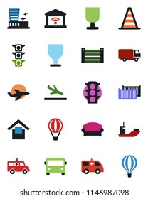 Color and black flat icon set - arrival vector, airport bus, waiting area, border cone, building, ambulance car, plane, traffic light, sea shipping, cargo container, delivery, fragile, air balloon