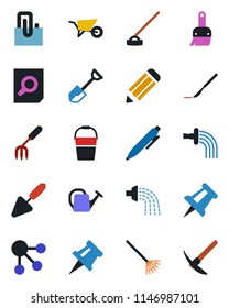 Color and black flat icon set - document search vector, pen, drawing pin, pencil, trowel, garden fork, shovel, rake, watering can, wheelbarrow, bucket, hoe, scalpel, themes, paper clip, social media