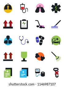 Color and black flat icon set - rake vector, lawn mower, diagnosis, stethoscope, blood pressure, dropper, pills, ambulance star, hospital bed, lungs, broken bone, pulse clipboard, client, fragile