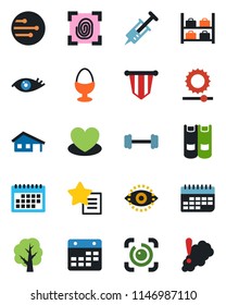Color and black flat icon set - luggage storage vector, book, pennant, tree, heart, syringe, barbell, eye, term, favorites list, network, calendar, brightness, id, house with garage, egg stand