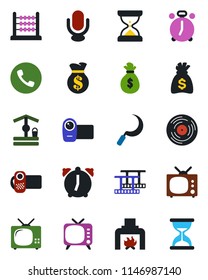 Color and black flat icon set - alarm clock vector, phone, money bag, well, sickle, film frame, vinyl, tv, video camera, microphone, abacus, fireplace, sand