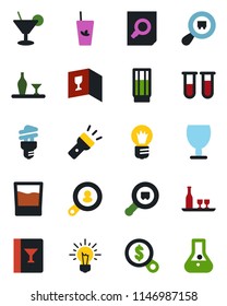 Color and black flat icon set - document search vector, bulb, blood test vial, fragile, cargo, torch, client, alcohol, wine card, drink, cocktail, phyto bar, energy saving, money, idea, flask