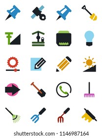 Color and black flat icon set - right arrow vector, drawing pin, bulb, job, pencil, garden fork, rake, well, satellite, hdmi, brightness, cellular signal, phone, rolling