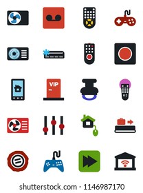 Color and black flat icon set - baggage conveyor vector, stamp, gamepad, settings, remote control, fast forward, record, air conditioner, vip zone, home, app, garage gate