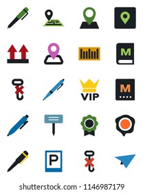 Color and black flat icon set - parking vector, vip, pen, stamp, plant label, navigation, pin, up side sign, no hook, barcode, place tag, sertificate, menu, paper plane