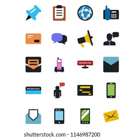 Color and black flat icon set - mobile phone vector, speaking man, office, loudspeaker, cell, speaker, paper pin, mail, message, network, clipboard, reserved, schedule