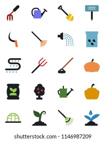 Color and black flat icon set - job vector, garden fork, farm, rake, watering can, sproute, hoe, sickle, plant label, pumpkin, greenhouse, seeds, fertilizer, drip irrigation, fruit tree