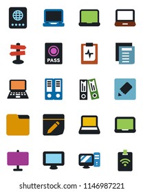 Color and black flat icon set - passport vector, office binder, notebook pc, document, pulse clipboard, signpost, monitor, laptop, folder, notes, presentation board, pass card