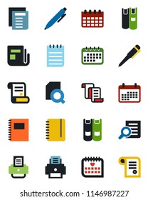 Color and black flat icon set - contract vector, book, document search, pen, notepad, calendar, printer, medical, news, copybook