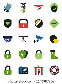 Color and black flat icon set - security gate vector, smoking place, lock, glove, boot, heart shield, traffic light, protect, intercome, home, surveillance, sprinkler, crisis management