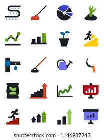 Color and black flat icon set - growth statistic vector, seedling, watering can, sproute, hoe, sickle, fertilizer, drip irrigation, bar graph, pie, point, career ladder, arrow up, presentation