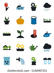 Color and black flat icon set - flower in pot vector, seedling, watering can, sproute, rain, plant label, pumpkin, seeds, tulip, oil barrel, house with tree, pond, water filter