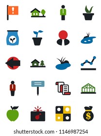 Color and black flat icon set - bomb in case vector, left arrow, manager, contract, seedling, plant label, greenhouse, pond, fertilizer, important flag, application, point graph, house with tree