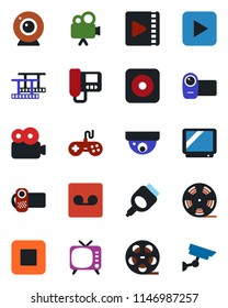 Color and black flat icon set - film frame vector, reel, tv, gamepad, video camera, play button, stop, rec, hdmi, record, web, intercome, surveillance