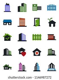 Color and black flat icon set - office building vector, hospital, house with garage, fence, sweet home, city, cafe, eco, door